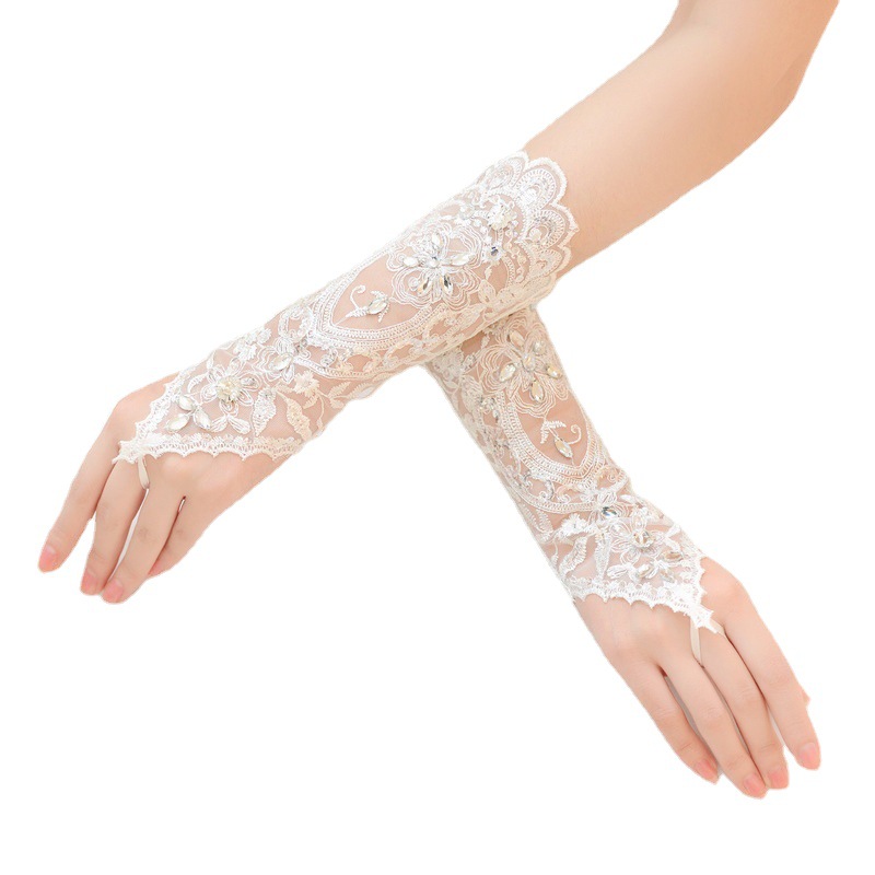 1 Pair White/Red/Beige Bridal Gloves Elegant Short Paragraph Rhinestone White Lace Glove Beautiful Wedding Accessories