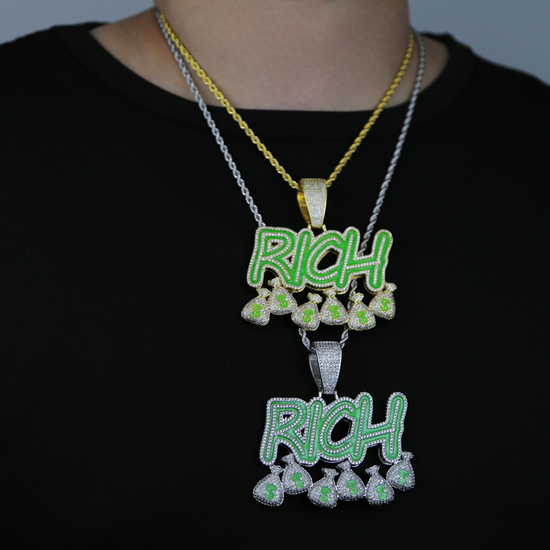 Iced out punk style glowing letter Pendant paved full cubic zircon Rich $ dollar with long rope chain necklace for men lady boy hip hop jewelry wholes
