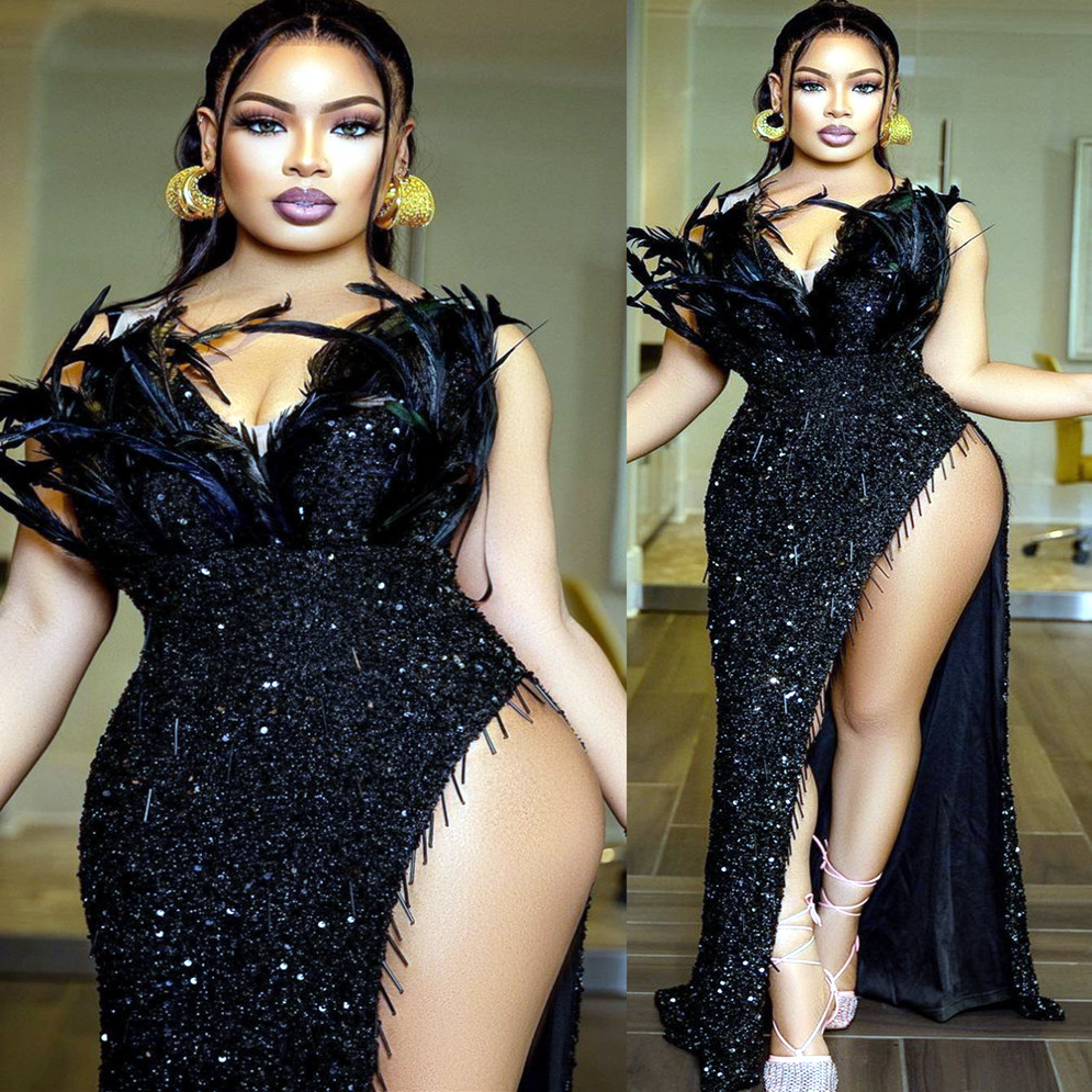 2022 Plus Size Arabic Aso Ebi Black Sheath Stylish Prom Dresses Feather Beaded Evening Formal Party Second Reception Birthday Engagement Gowns Dress Z