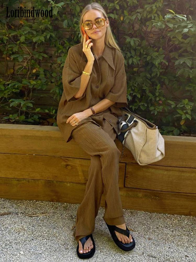 Women' Two Piece Pants Causal Loose Trouser Suits Autumn Short Sleeve Blouse With High Wasit Set Women Elegant Brown 2 SetsWomen, Black
Women' Two Piece Pants Causal Loose Trouser Suits Autumn Short Sleeve Blouse With High Wasit Set Women Elegant Brown 2 SetsWomen, Black