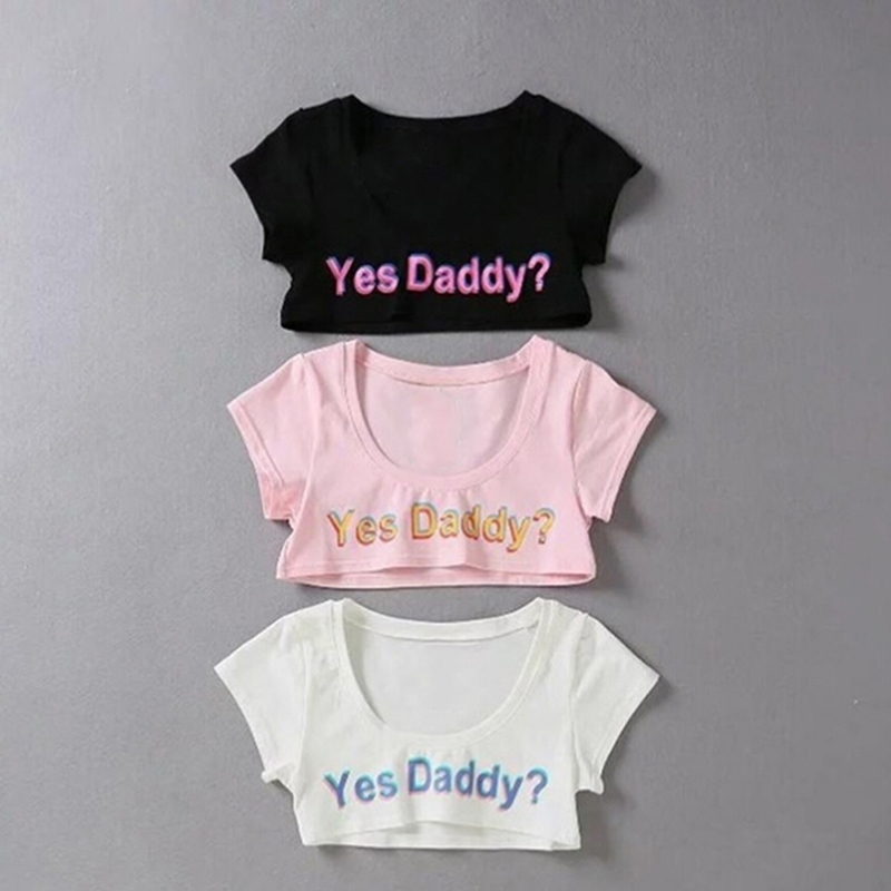 Summer Yes Daddy Letter Print T Shirt Women Sexy Crop Tops Short Sleeve Cropped Shirts 220506