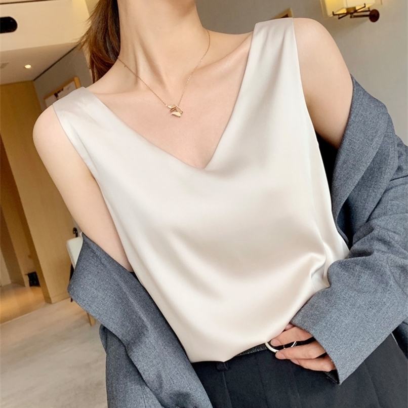 Women's Blouses Summer Chiffon V Neck Plus Size Satin Office Black Women Tunic Elegant Shirts Silk Sling Vest Woman Top 220316