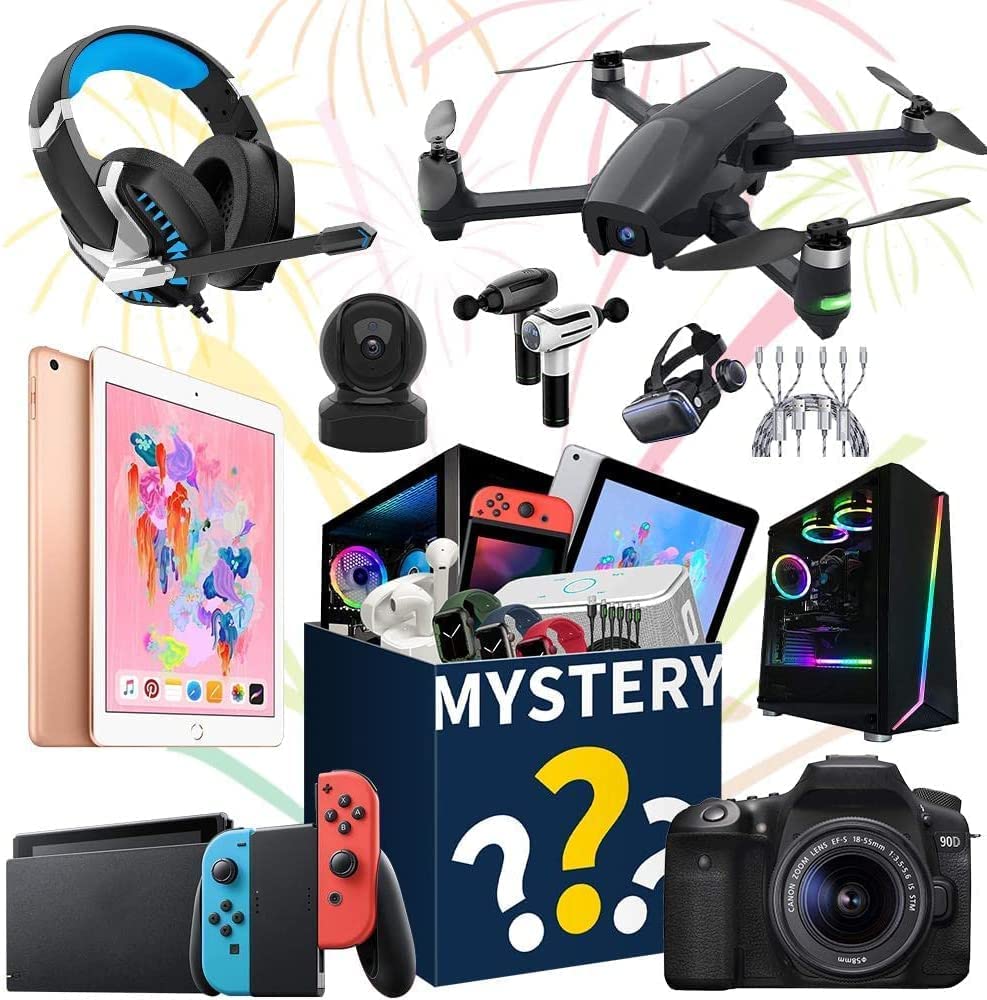 

Mysteries Box Mystery Electronic Products, Drones, Smart Watches, Bluetooth Headsets, Bluetooth Speakers game consoles and Other Possible Gift Boxes.