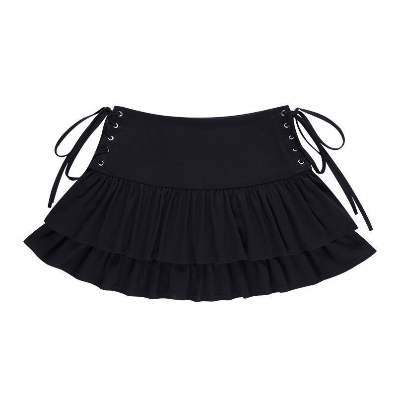 Retro solid color high waist sexy hollow summer black short skirt ruffled a-line woman s extreme mini micro 220317