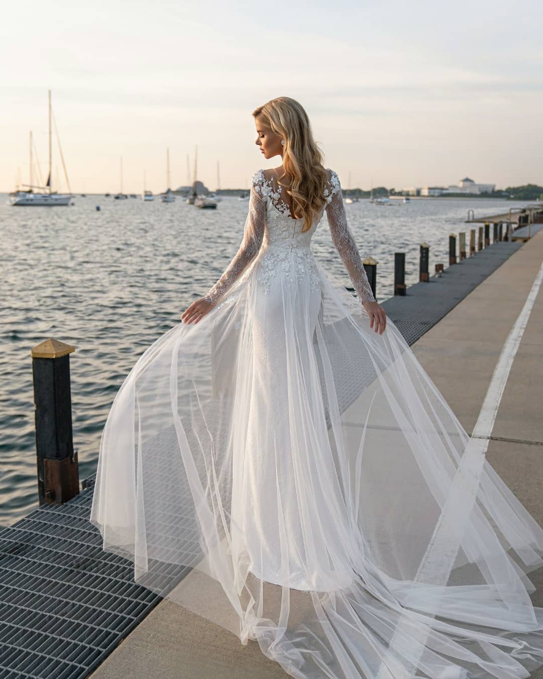 Graceful Wedding Dresse Organza Lace V-Neck Long sleeve Applique Illusion Floor Length Lace Wedding Dress Custom Made Pearl Vestidos De Novia Real pic