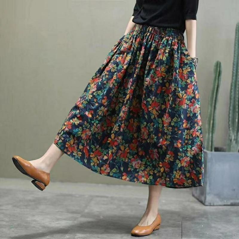 Women Vintage Floral Print Cotton Linen Skirt Autumn Mid Length High Waist Casual Retro Elastic Spring A Line Skirts 220322
