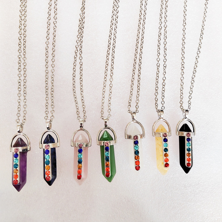 Reiki Healing Stones Necklaces 7 Chakra Colorful Natural Gemstone Hexagonal Prism Bullet Pendulum Jewelry for Women Men Gifts Crystal Rhinestone Penda