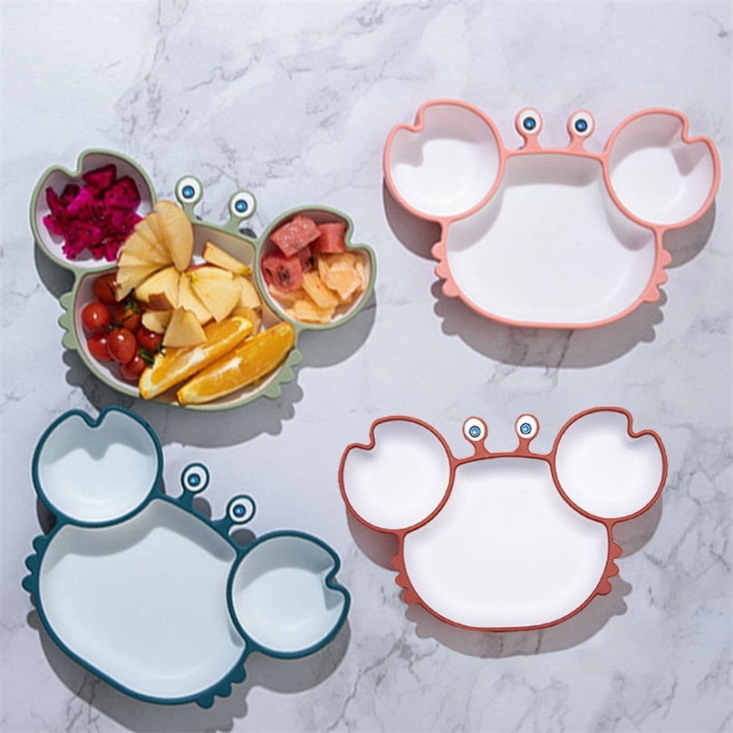 Baby Silicone Plate 1pc Cartoon Tableware Little Crab Three Divisions BPA-free Non-slip And Edible Supplementary Training Plate 220512