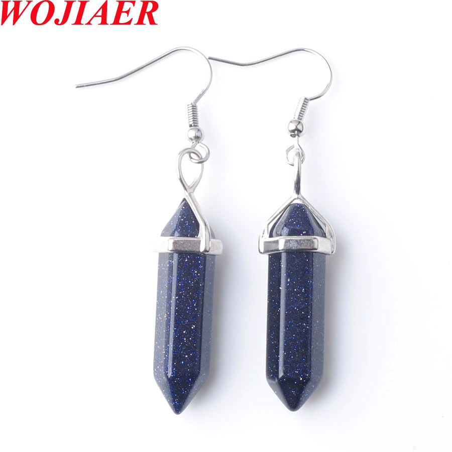 WOJIAER New Women Fashion Long Natural Stone Earrings Ring Necklace Set Rose Quartz Hexagon Point BO959