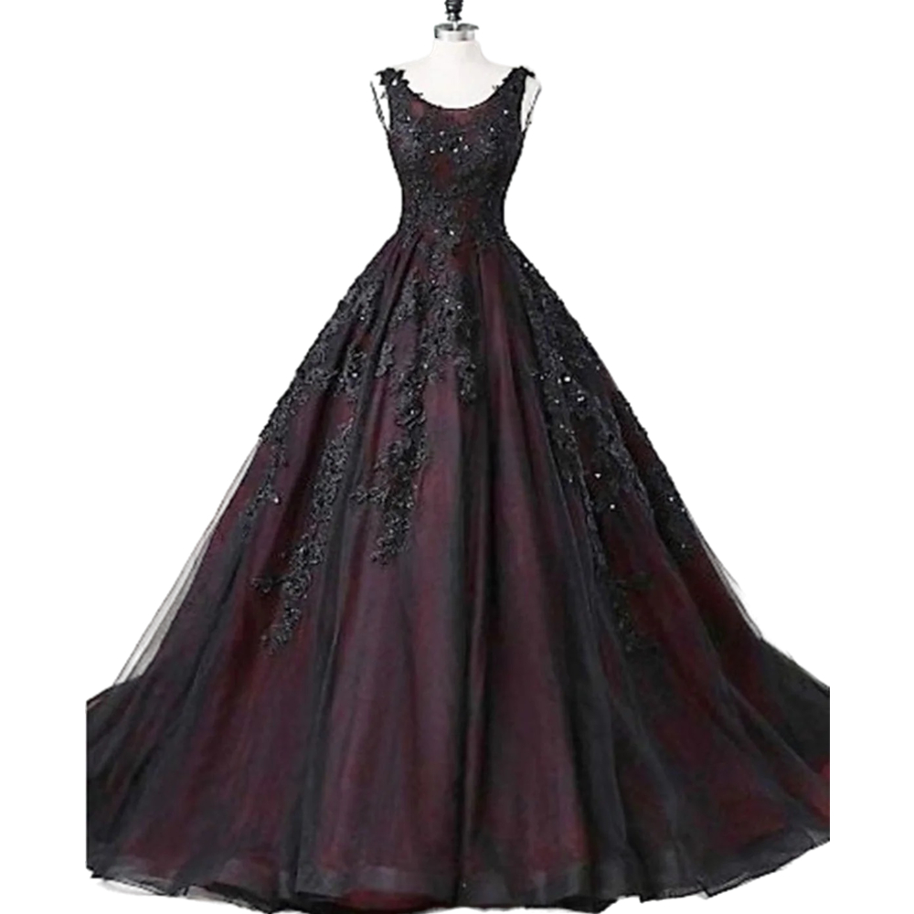 Vintage Burgundy And Black A Line Gothic Wedding Dress Sleeveless Backless Long Tulle Bridal Gowns Lace Appliques Floor Length 2022 Summer Autumn Robe