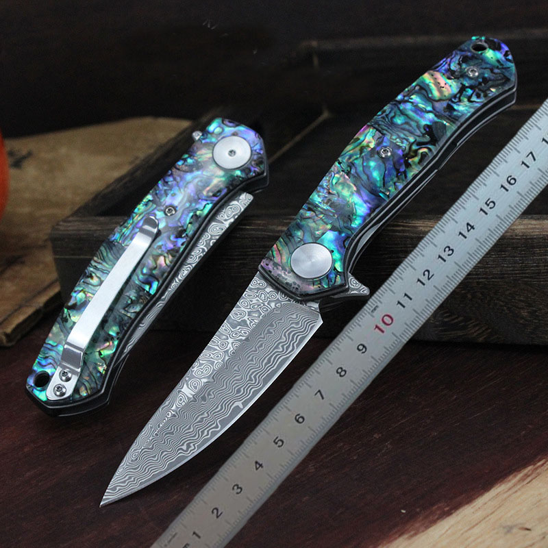 R4020 Pocket Folding Knife 76 layers VG10 Damascus Steel Blade Blue Abalone shell Handle Ball Bearing Flipper Fast Open Knives