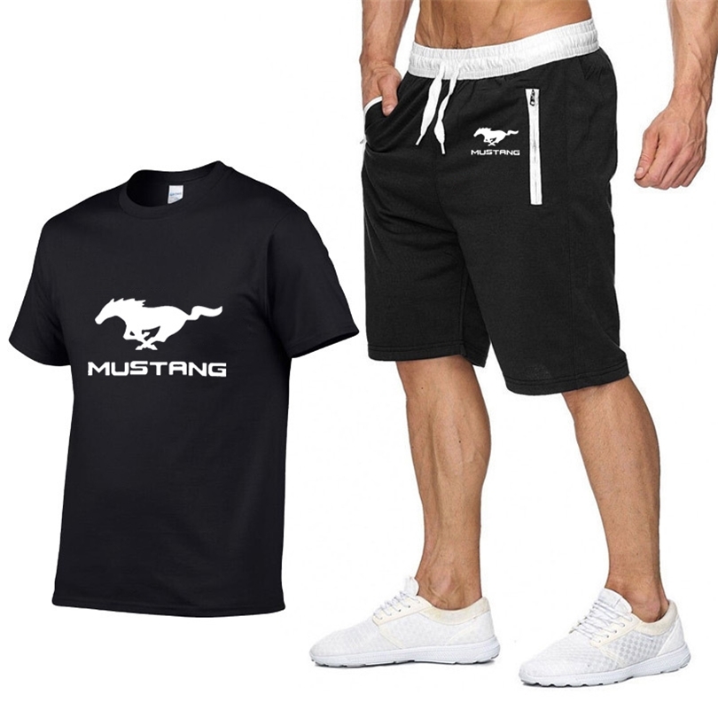 Mens Short sleeve Mustang car Logo Summer Mens t Shirt Harajuku T-Shirt high quality Cotton T Shirts shorts suit 2Pcs Sportswear T200224