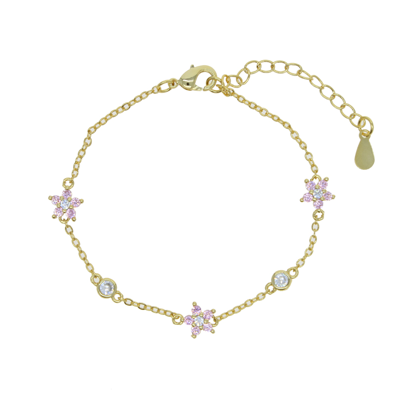 New Arrived Cz Station Link Chain Flower Charm Bracelet 15+4cm Extend Chain Cute Lovely Women Girl Fashion Bracelets