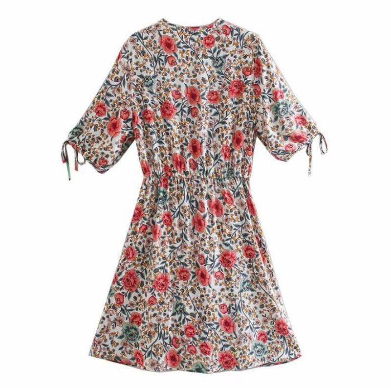 Bohemia Contrast color Floral print Short Summer BOHO Dress Holiday Woman Button v neck Adjust Waist Short Sleeve Dresses Beach 220511