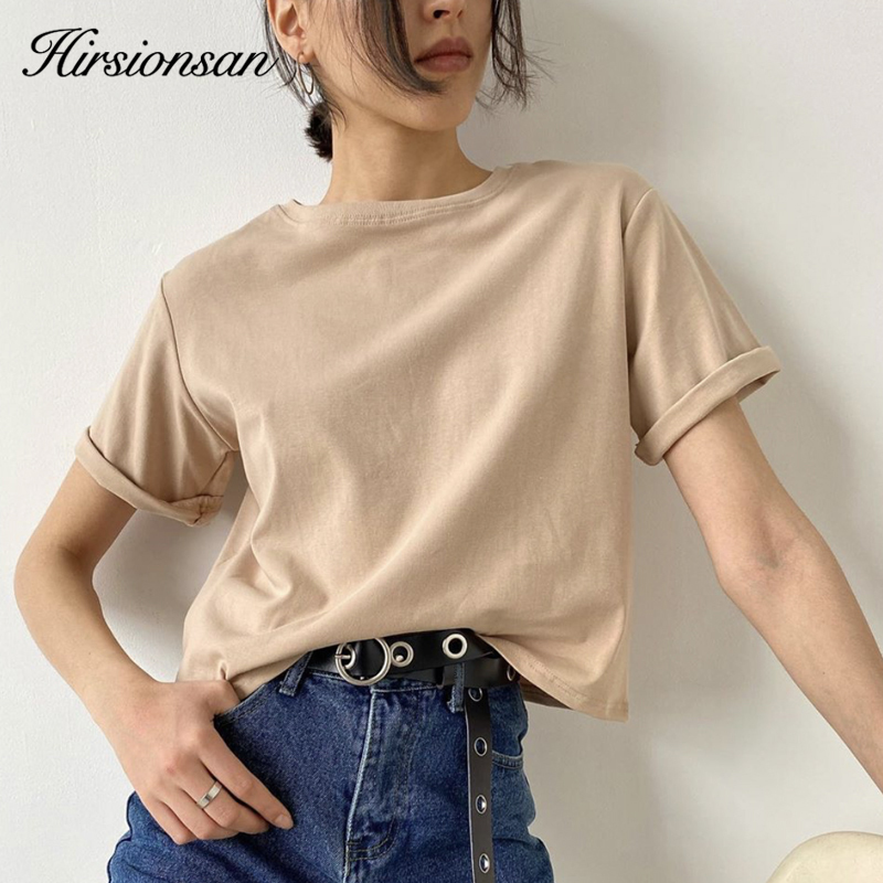 Hirsionsan 100% Cotton Oversized T Shirt Women Harajuku Basic Loose Short Sleeve Tees Soft Female Solid Tops Khaki Summer Jumper 220321