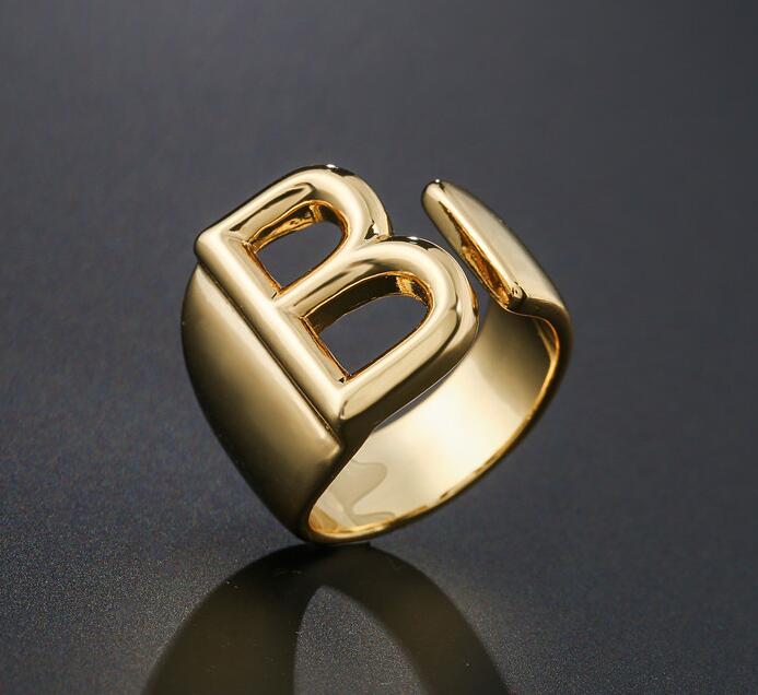 Hollow A-Z Letter Gold Color Metal Adjustable Opening Ring Initials Name Alphabet Female Party Chunky Wide Trendy Jewelry GC887