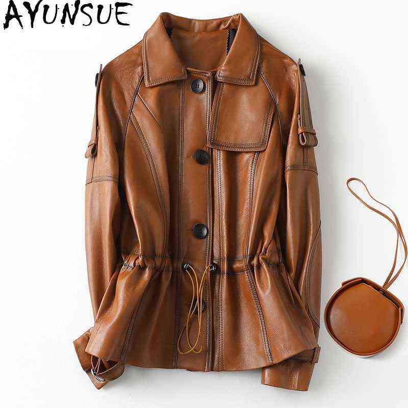 Ayunsue Elegant 100 Genuine Leather Jacket Women Spring Autumn 2021 Random Short Sheepskin Jackets Female Jaqueta Feminina Gxy494 J220727, Brown. 
Ayunsue Elegant 100 Genuine Leather Jacket Women Spring Autumn 2021 Random Short Sheepskin Jackets Female Jaqueta Feminina Gxy494 J220727, Brown.