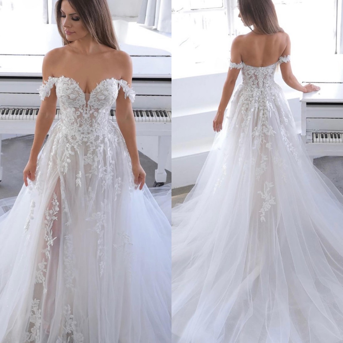 Bohemian 2022 Lace Wedding Dress Off The Shoulder Sexy Split Appliqued Boho Bridal Dresses A Line Wedding Gowns Vestido de Noiva