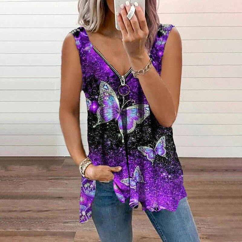 Plus Size Women Fashion V-Neck Zipper Sexy Loose T-Shirt Vest Summer Sleeveless Tops Female 220325