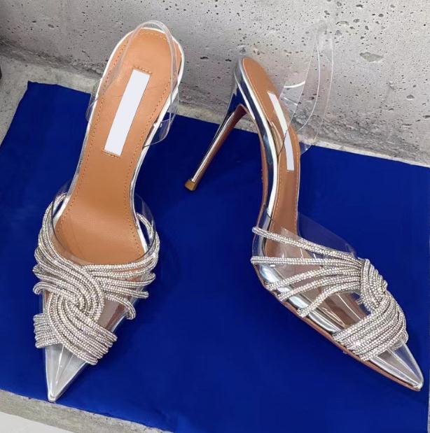 New rhinestone crystal high-heeled sandals and slippers women's pvc transparent cross rhinestones Roman banquet wedding holiday high heels sandal