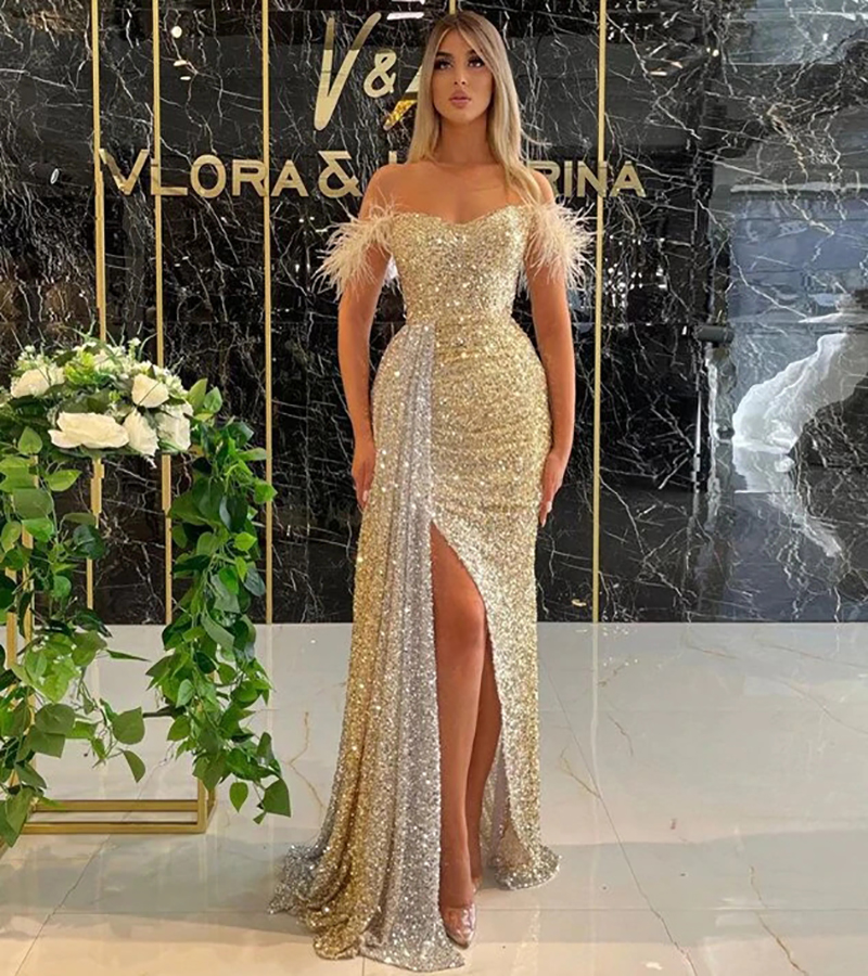 Sexy Gold Sequin Prom Dress With Feather 2022 Sparkly Long Mermaid Evening Dress Slit Plus Size Formal Party Gowns Dinner Robes De Soirée Special Occa