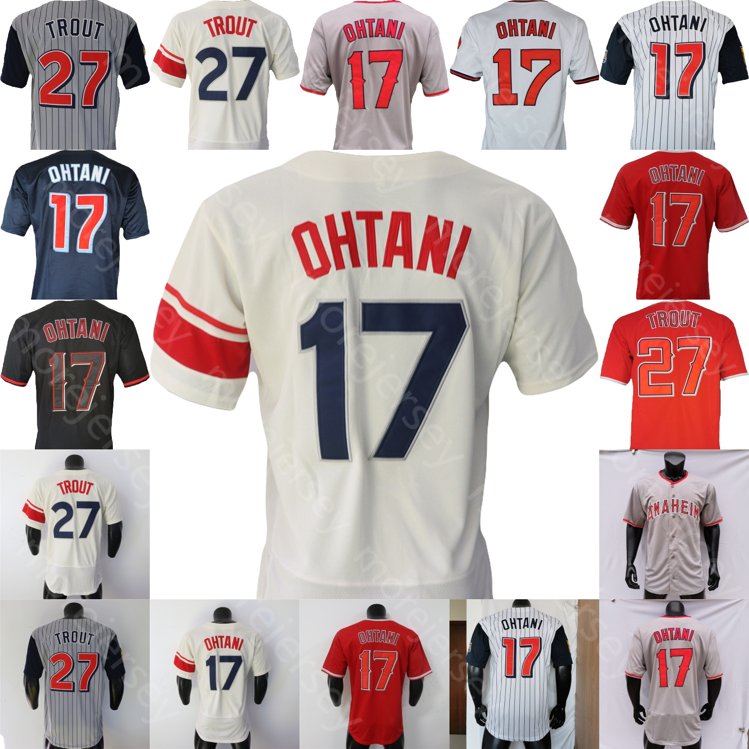 Shohei Ohtani Jersey Glaus Mike Trout City Grey White Red Navy Black Fashion Turn Back Pinstripe Pullover Cool Base Size S-3XL