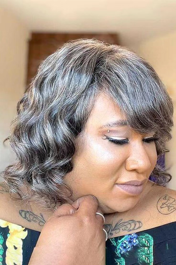 Short wavy salt&pepper bob wig for lady non lace salt and pepper-colored wigs 100% raw unprocessed human hair machine made glueless easy wearing 150%d
