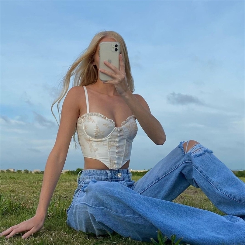 high quality Corset Top Y2k Women Arrivals Mesh Floral Sexy Tank Blue Female Crop For Party Club Streetwear 220316