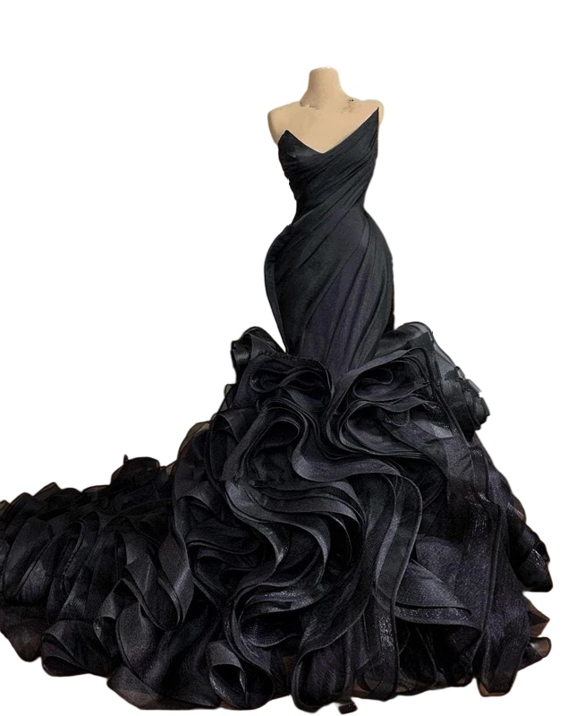 Black Gothic Mermaid Wedding Dresses 2022 Cathedral Train Organza Lace-up Corset Princess Ruffles Skirt Plus Size Bridal Gowns