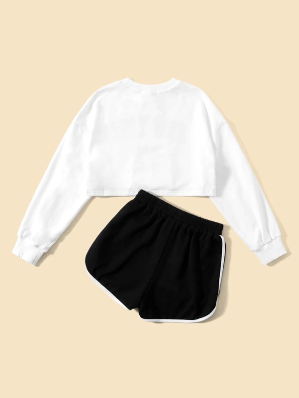 Girls Letter Graphic Tee & Contrast Binding Track Shorts SHE