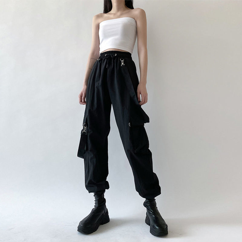 QWEEK Goth Cargo Pant Punk s Harajuku High Waist Oversize Detachable Strap Casual Trousers Emo Techwear 220325
