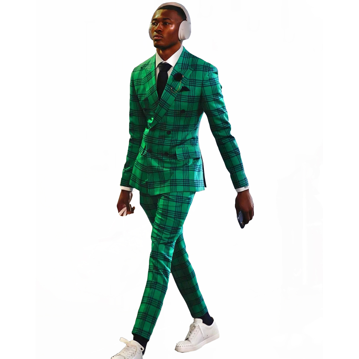Green Plaid Men Wedding Tuxedos 2 Pieces Double Breasted Slim Fit Peaked Lapel Outfits