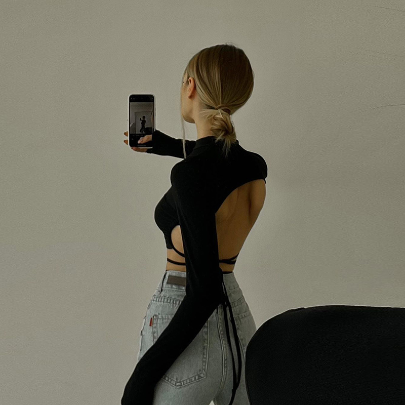 Y-L Leopard Zebra Printed Sexy Backless Lace ups Pullover Tees Women Autumn Black O-neck Slim Longsleeve Short T-Shirt 220411