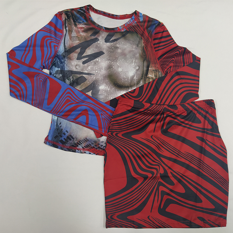 BOOFEENAA 3D Abstract Printed Sexy Two Piece Sets Womens Outifits Y2k Aesthetic Graphic T Shirts Mini Skirts Clubwear C96 CF22 220714