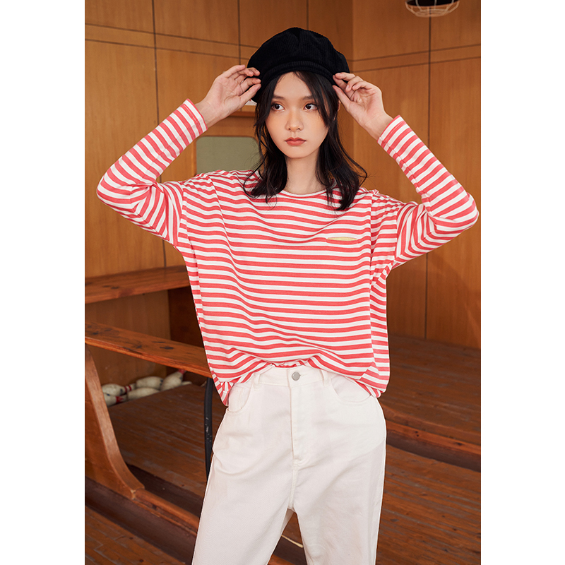 Toyouth Women T-shirts Spring Autumn Long Sleeve Round Neck Tees Stitching Stripes Letters Fish Print Mock Two Piece Chic Tops 220321