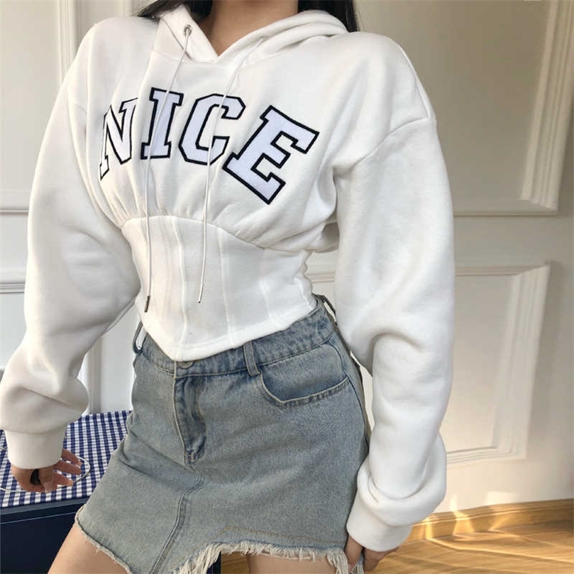 ZHISILAO Crop Tops Warm Woolen Sweatshit Women White Letter Print Hoodies Winter Sexy Corset Pullover Hooded Streetwear 211008