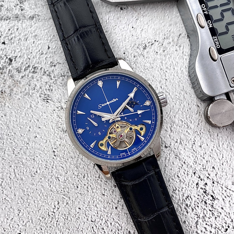 2022 New luxury mens watches tourbillon Five stitches automatic Mechanical watch high quality European Top brand moon Phase leather strap Fashion sport style