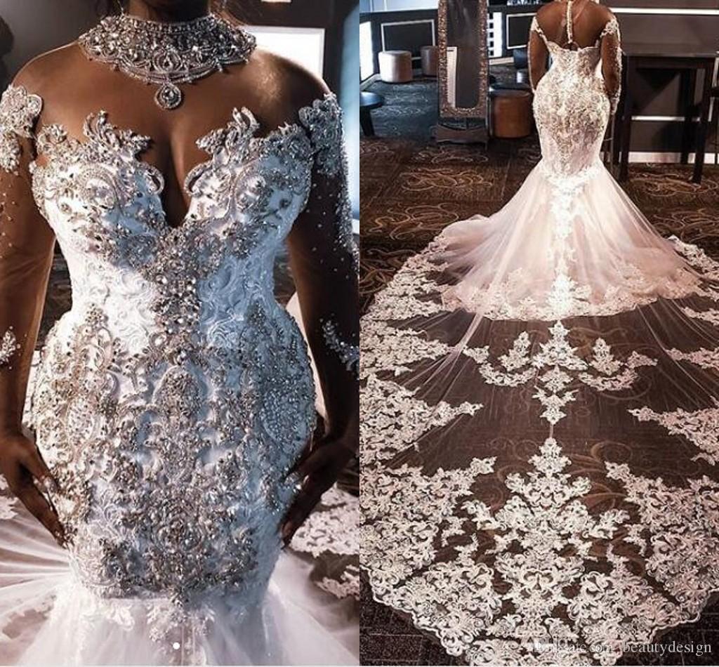 Sparkly Crystal Mermaid Wedding Dresses 2022 High Neck Long Sleeve Plus Size Lace Floral Cathedral Train African Beach Garden Bridal Gown Vestiods