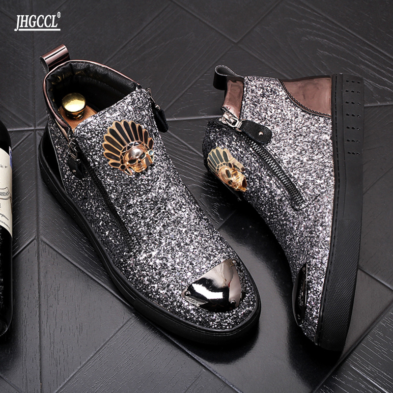 Gold Leather Men Sneakers Punk Casual boots Hip Hop Male High Tops Zip Ankle Boots Flats Zapatillas Hombre