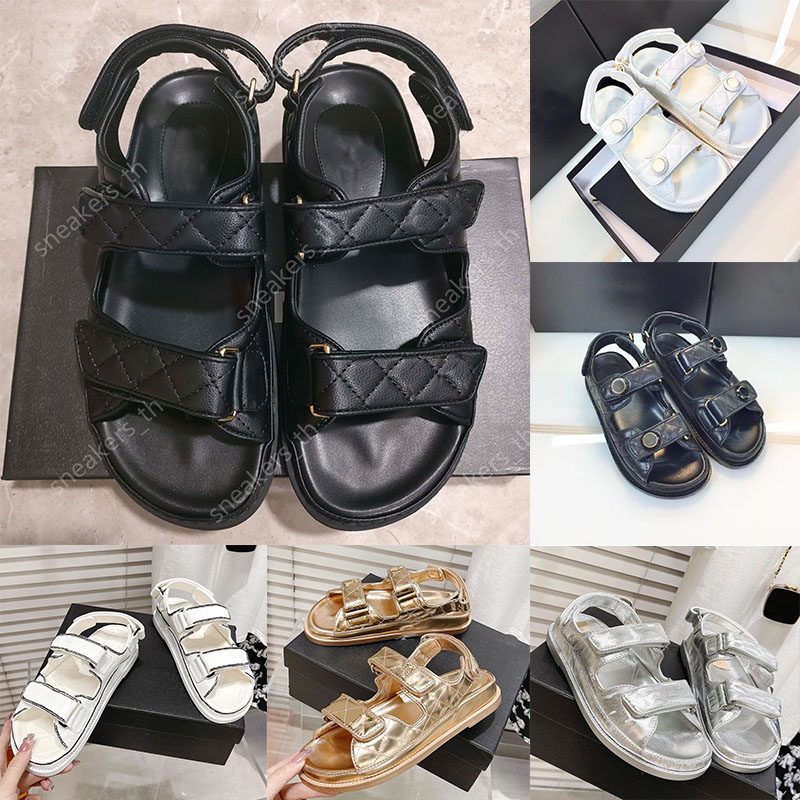 

Designer Sandals Crystal Calf Leather Women Sandal Quilted Platform Casual Shoes Ladies Adjustable Velcro Metal Buckle Slippers Summer Beach Slides, Black canvas