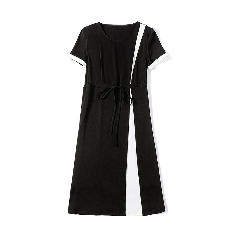 92.3% Heavy Silk 7.7% Spandex Women's Dress O Neck Short Sleeves Lace Up Color Block Elegant Fashion Runway Dresses
