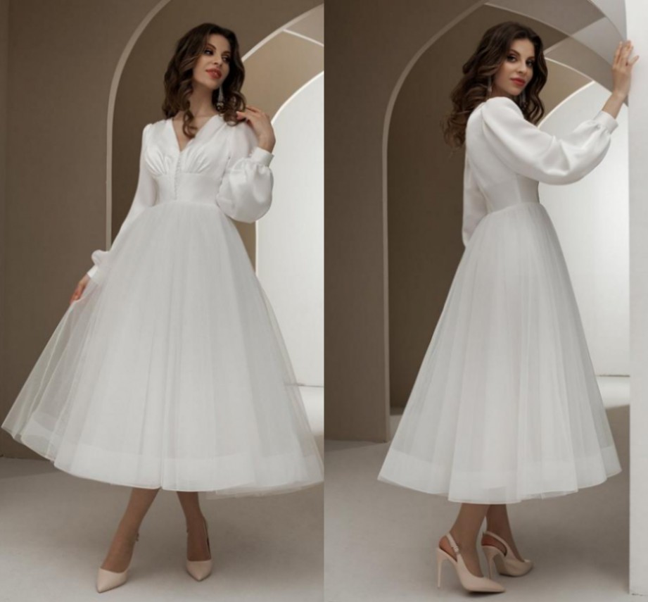 Ivory Satin Tulle Bridal Gown V-Neck Long Sleeves Short Tea Length A-Line Wedding Dresses 2022 Vestidos De Noiva