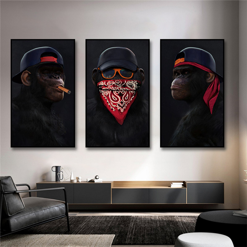 

Funny Animal Painting Gorilla Canvas Oil Paintings Wall Art Posters 3 Wise Monkeys Canvas Prints for Living Room Wall Decoration