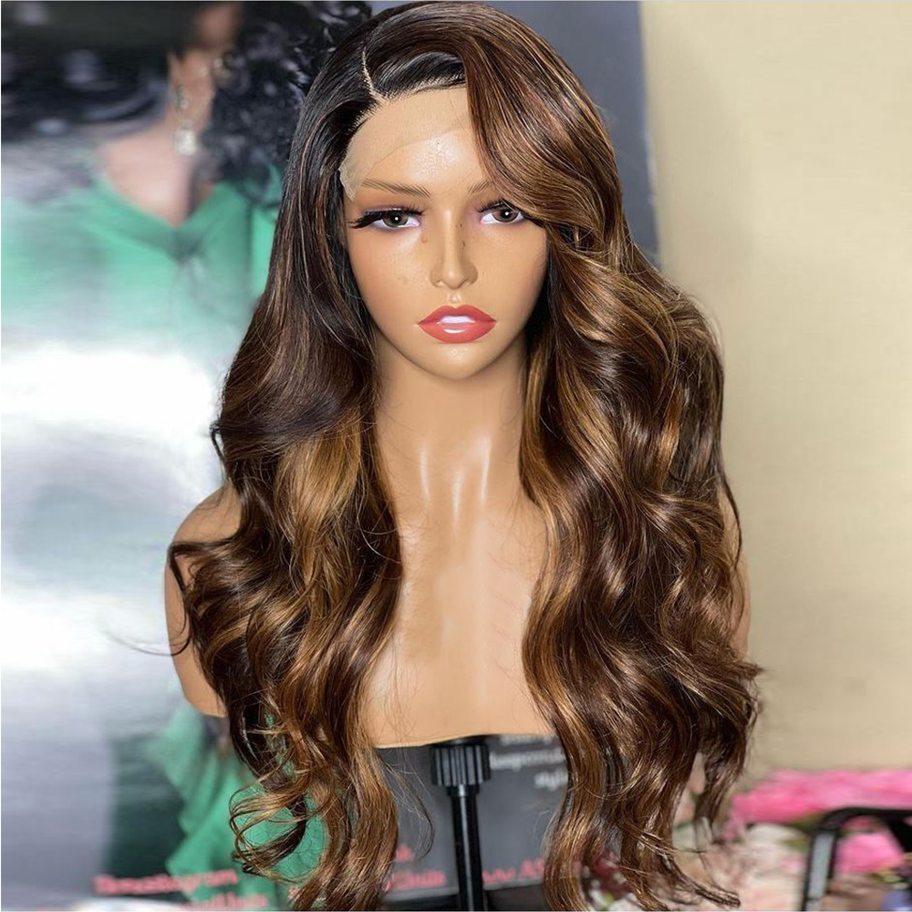 HD Highlight Wig Human Hair Brazilian Glueless Wig Brown Honey Blonde Colored braided full Wigs for Women Ombre Body Wave Lace Front 150% density