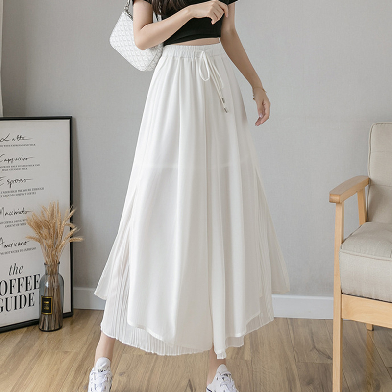 Spring Summer Style Pleated Chiffon Wide Leg Pants Fashion High Waist Drape Elegant Ankle-length Pants Skirt Trousers
