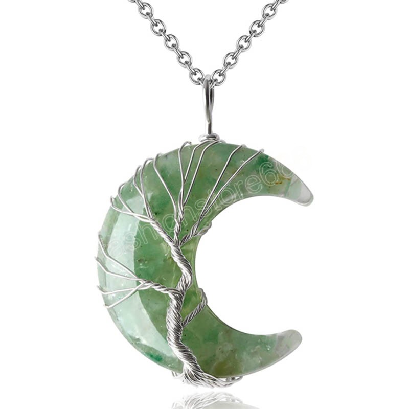Chakra Tree of Life Wire Wrapped Necklace Pendant Crescent Moon Pendants Crystal Chip Beads Natural Stone Quartz Resin