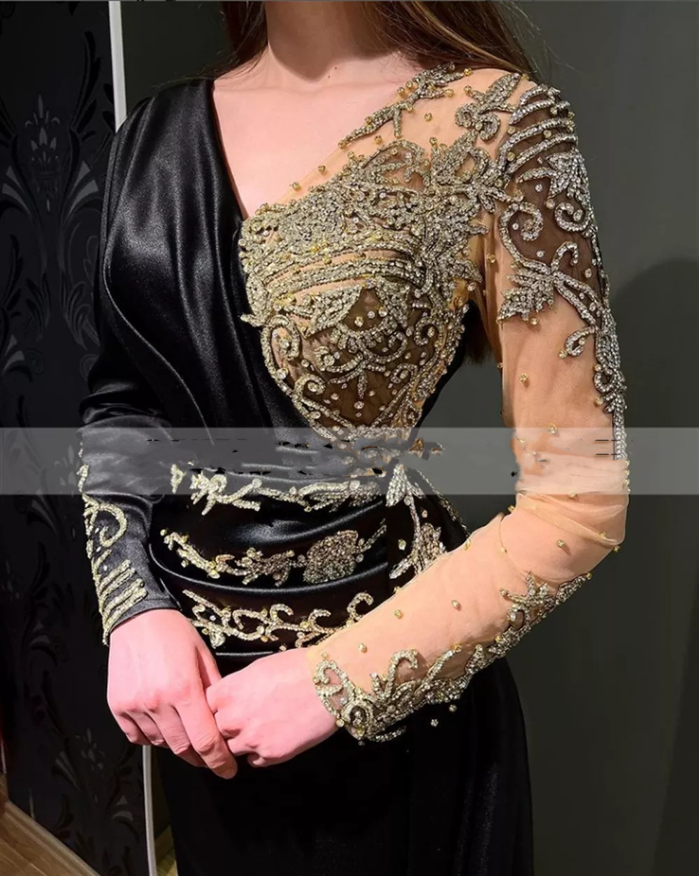 Black Satin Muslim Forma Evening Dresses 2022 With Long Sleeves Lace Appliques Plus Size Sweep Train Prom Party Gowns Robe De Soiree 0431