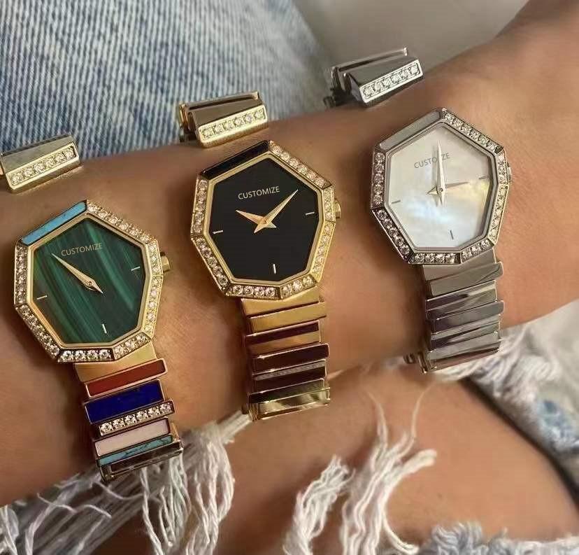 Wristwatches 2022 Fashion Lady Quartz CLOCK Stainless Steel GEM Watch Irregular Geometric Nature Stone Wristwatch Famous Shell Watches, Gold white cz
Wristwatches 2022 Fashion Lady Quartz CLOCK Stainless Steel GEM Watch Irregular Geometric Nature Stone Wristwatch Famous Shell Watches, Gold white cz