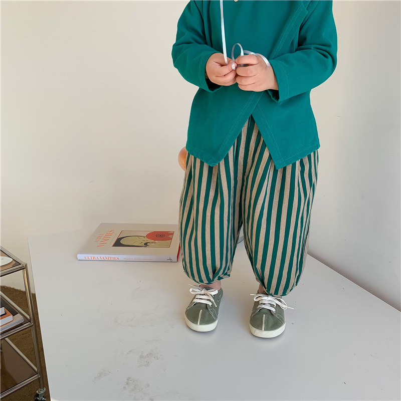 Spring Kids cotton linen loose bloomers Children fashion vertical stripe trousers 220512