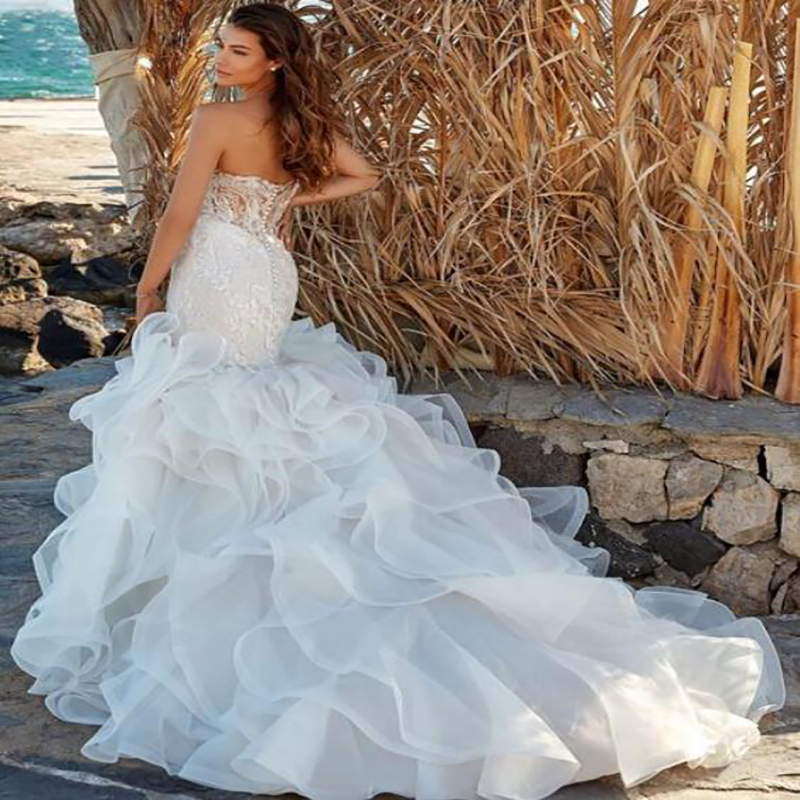 Luxury Mermaid Lace Wedding Dress With Ruffles Sweetheart Organza Plus Size Beach Wedding Dresses 2022 Pearls Sweep Train Women Country Bride Vestido 